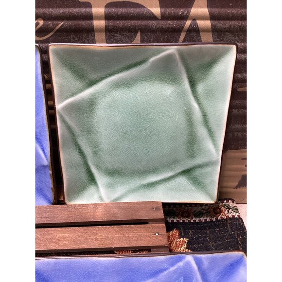 Pier 1 Discontinued Crackle Sushi Square Dishes Plates Set Of 4 Blue & Green - Picture 4 of 10